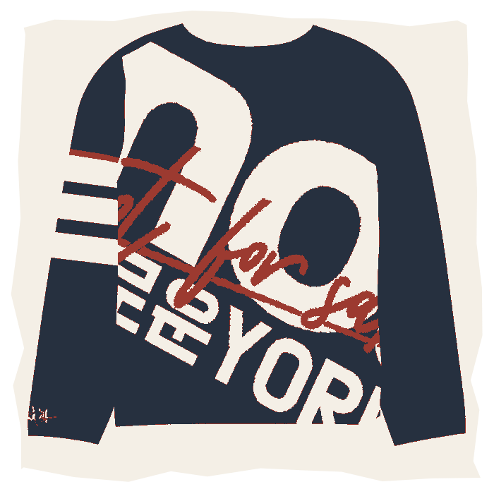NO™ knitted crew neck sweater — back, screenprint treatment